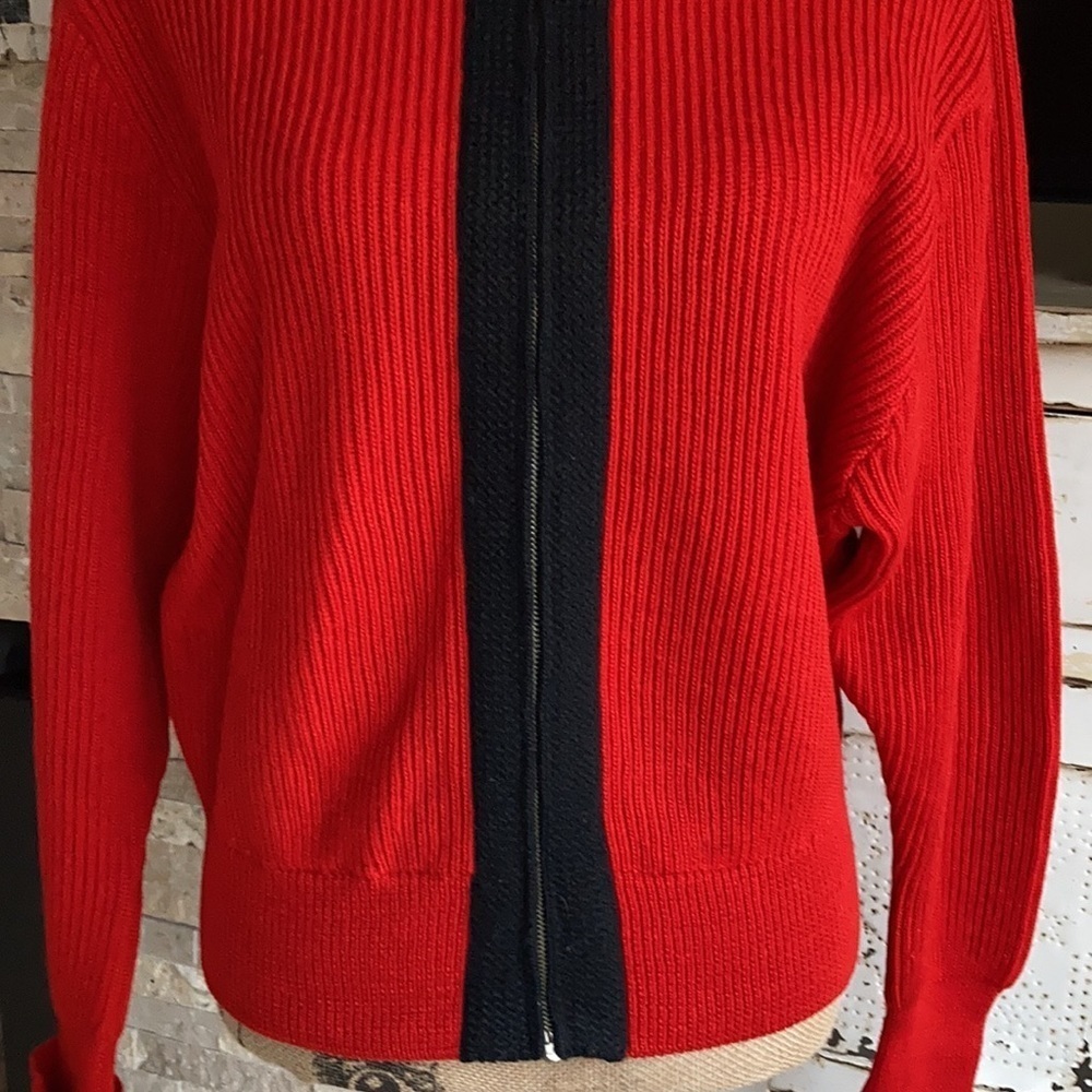 Vintage Obermeyer red zip cardigan sweater w black trim 100% wool grandma core - Picture 10 of 16